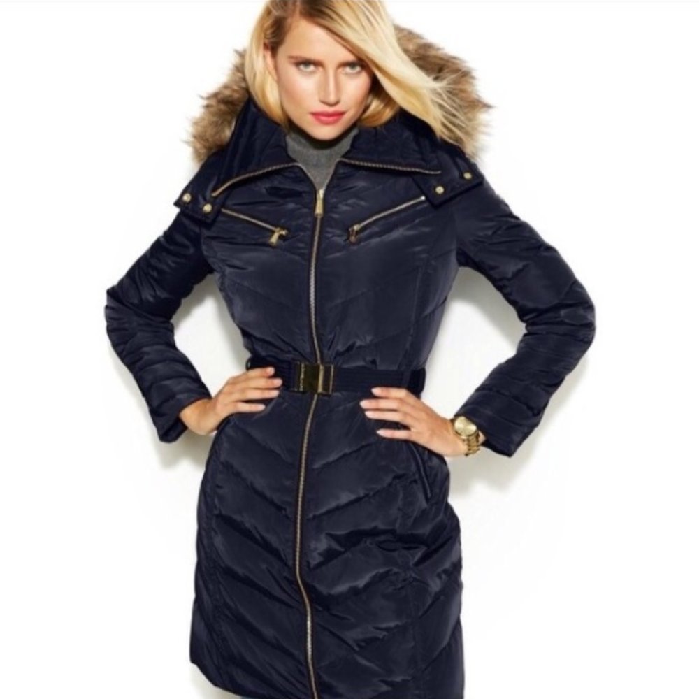 Michael Kors Dark Navy Down Puffer Belted Faux Fur Trim Hooded Parka size M